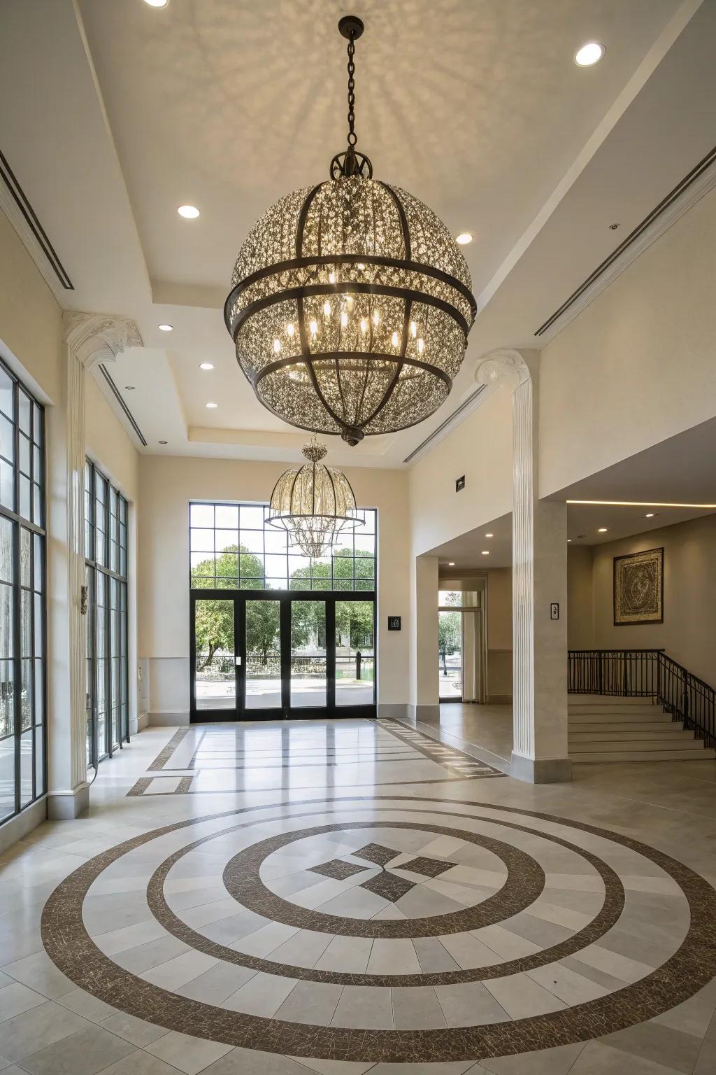 A streamlined round chandelier adds modern style to this bright entrance hall.
