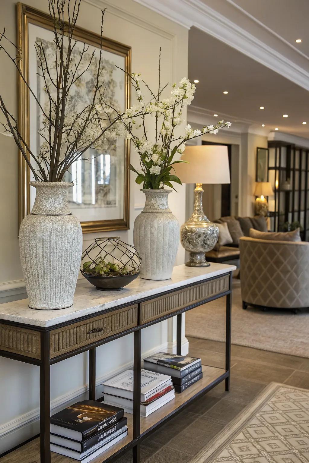 Console tables offer a combination of design and functional use to a foyer.