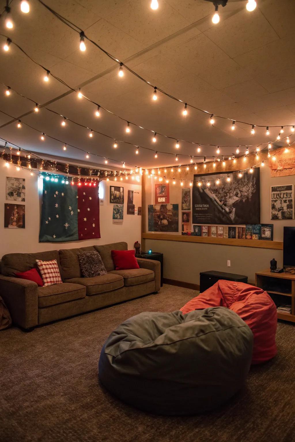String lights add a cozy touch to your frat room.