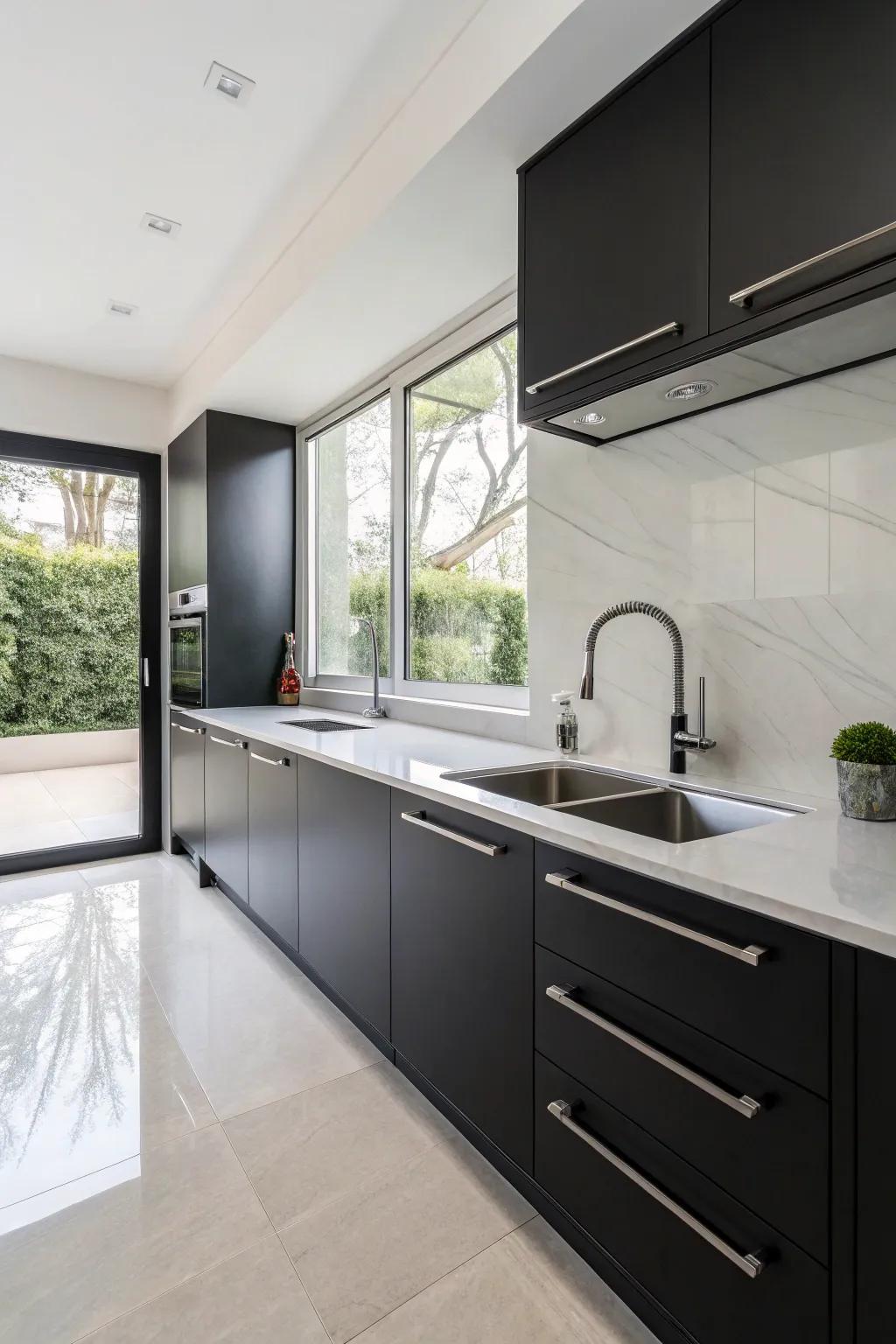 A minimalist kitchen featuring a sophisticated metallic steel freestanding sink.