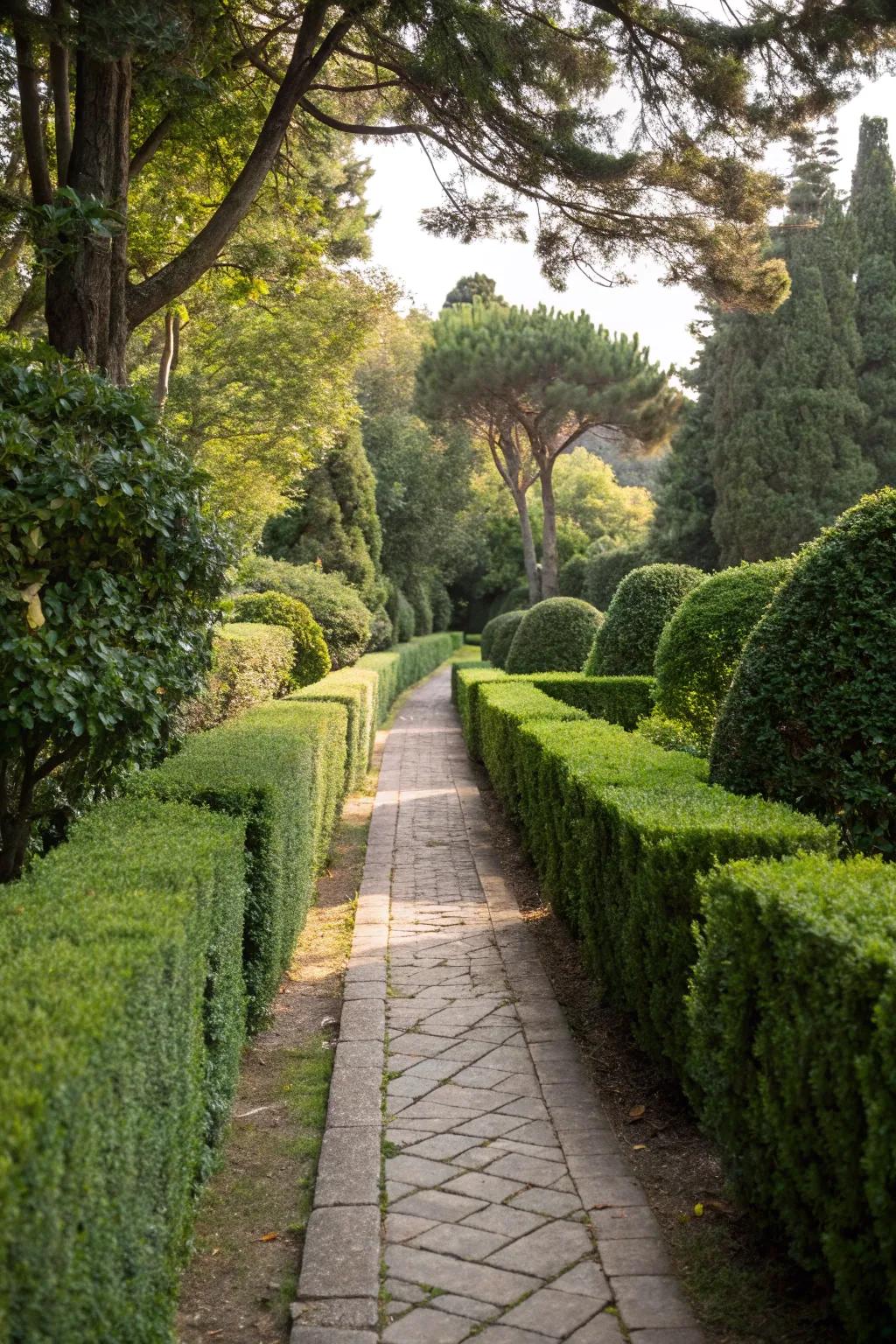 'Emerald Gems' lining a walkway, adding structure and sophistication.