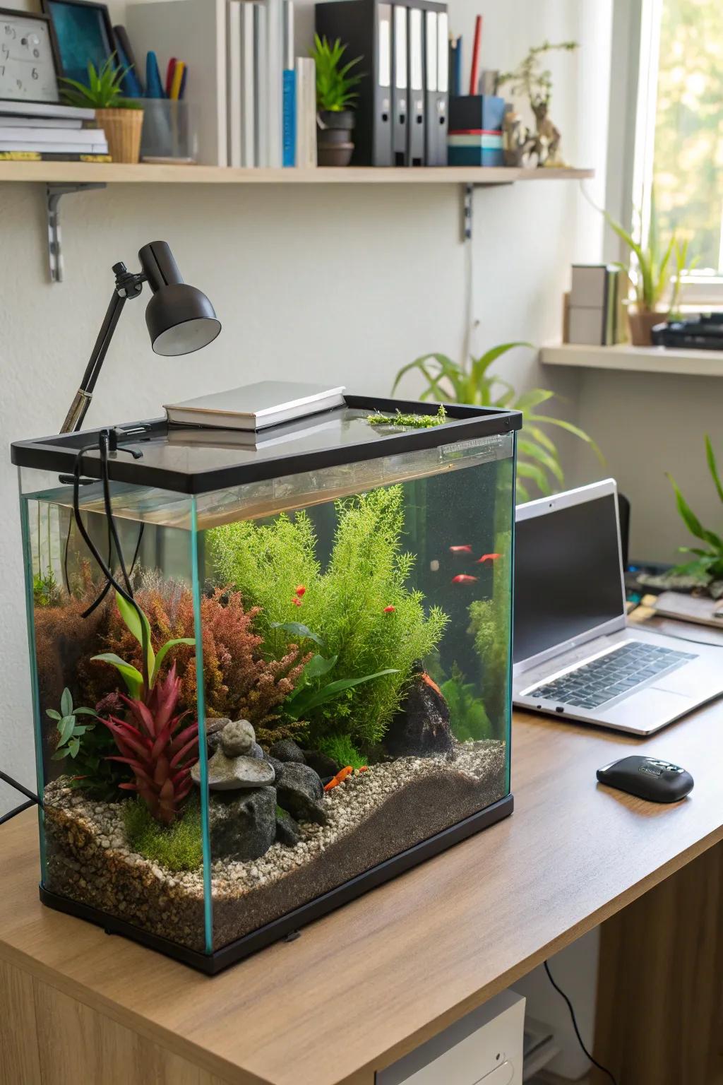 A spectrum of aquatic plants infuses a freshwater aquarium with vibrant color and vitality.