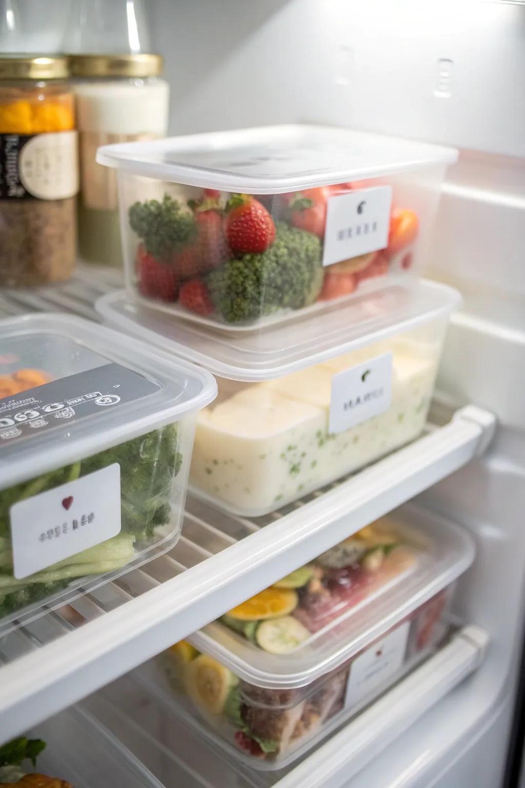 Labeled containers contribute to an organized and efficient refrigerator system.