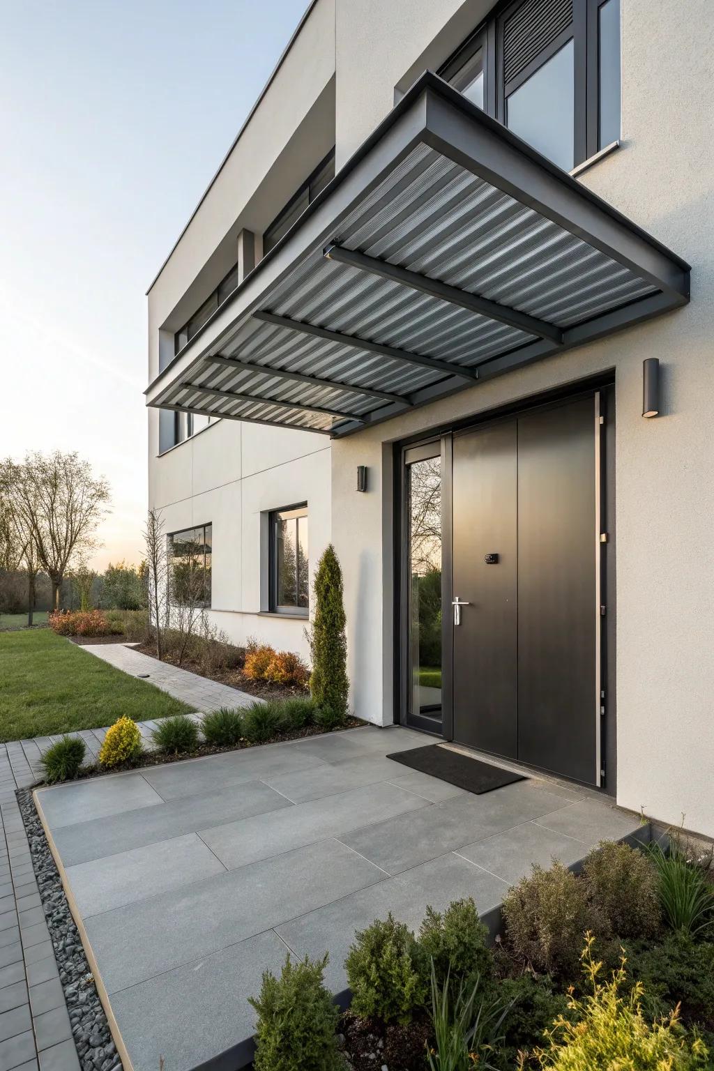 Metal awnings add a contemporary touch.
