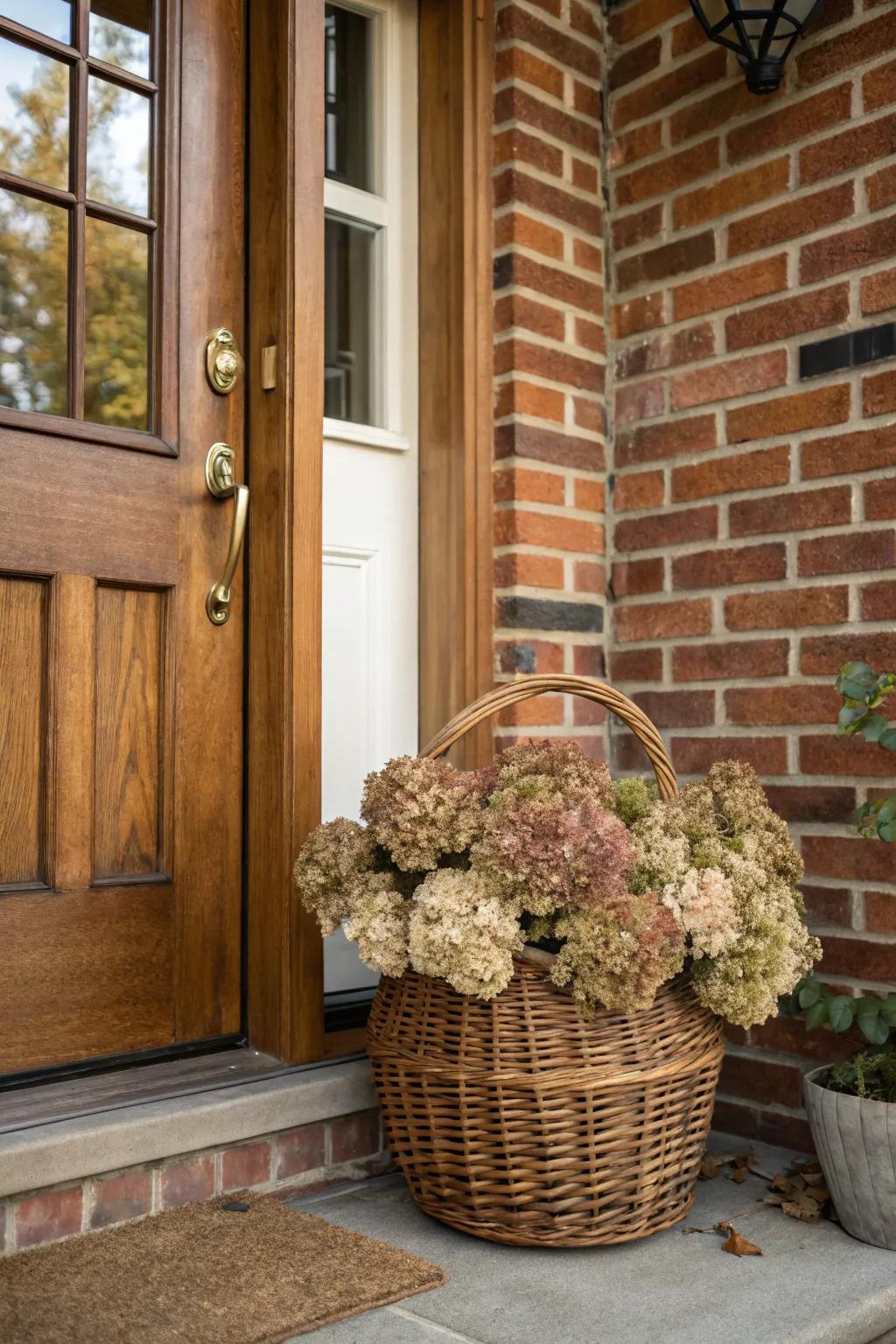A willow basket lends rustic charm to your entrance.