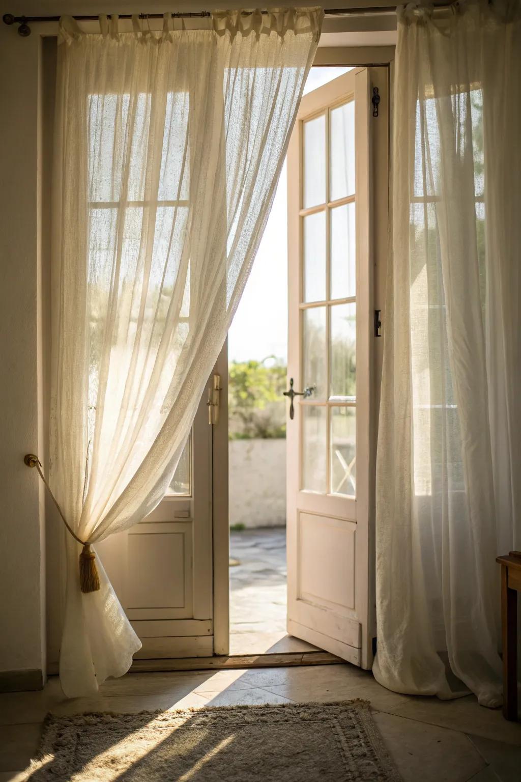 Sheer curtains allowing natural light to enter, creating a bright entryway.