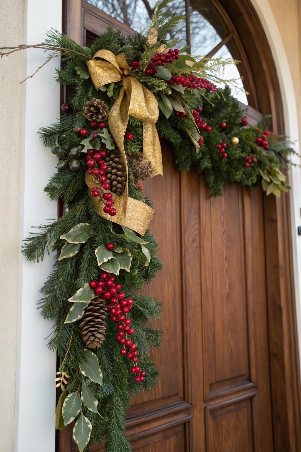 Scarlet and golden hues give your front door garland a festive appearance.