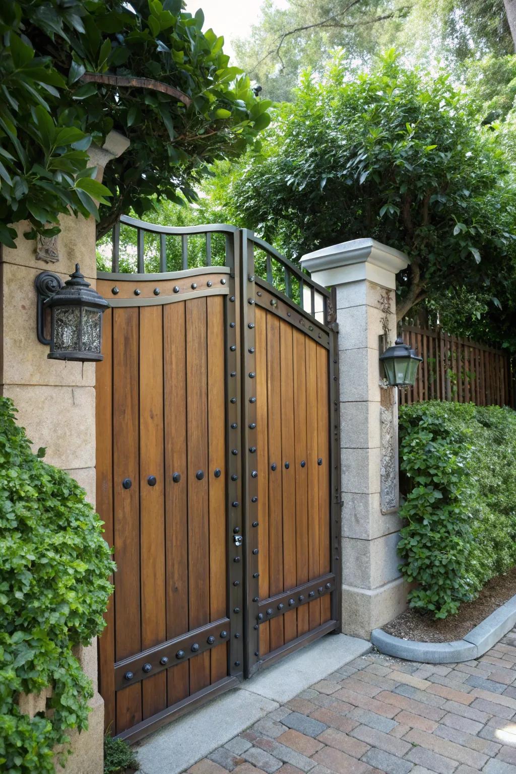 Wood and metal unite for a stylish and durable gate.