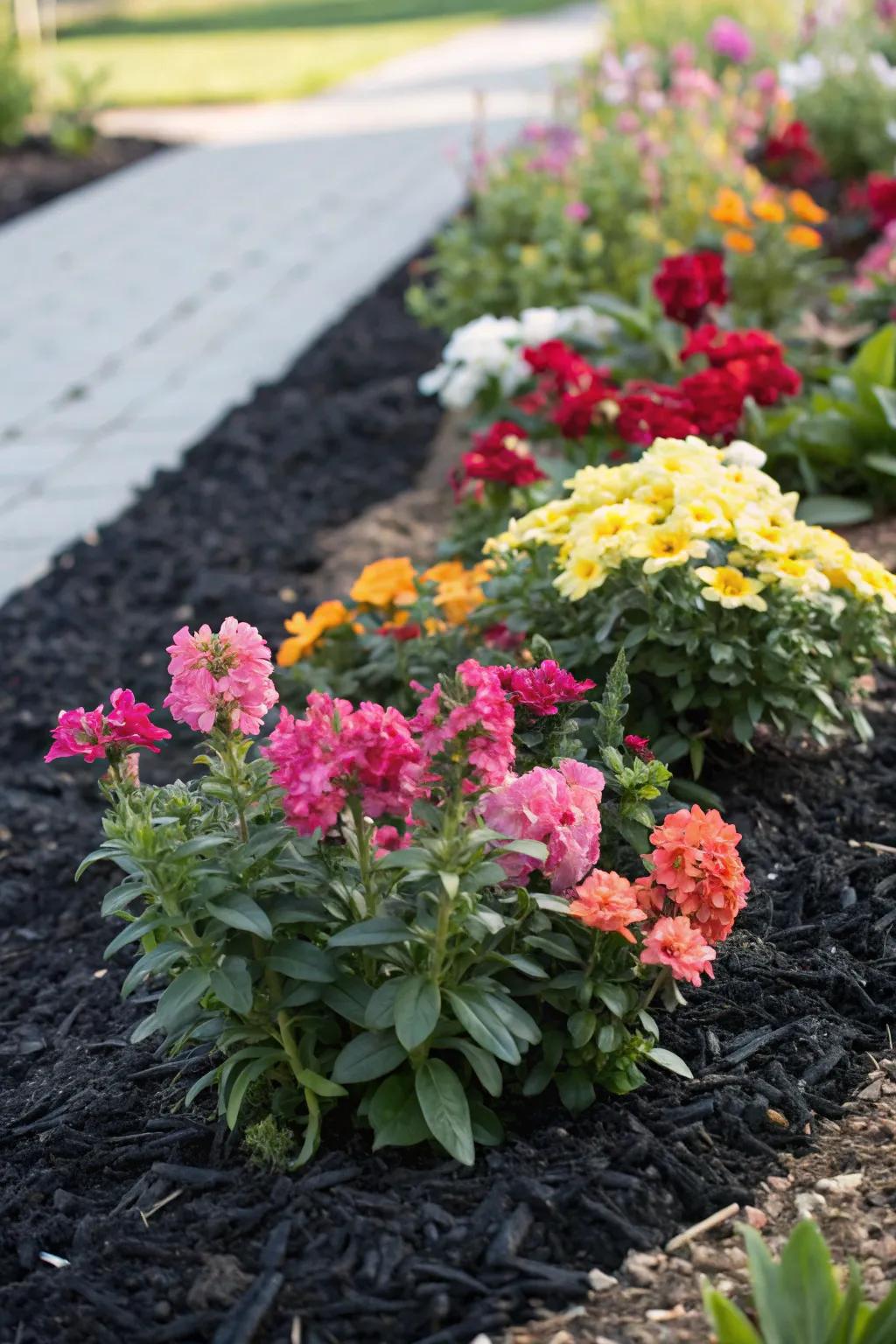 Allow your flowers to shine against the strong backdrop of dark ground cover.