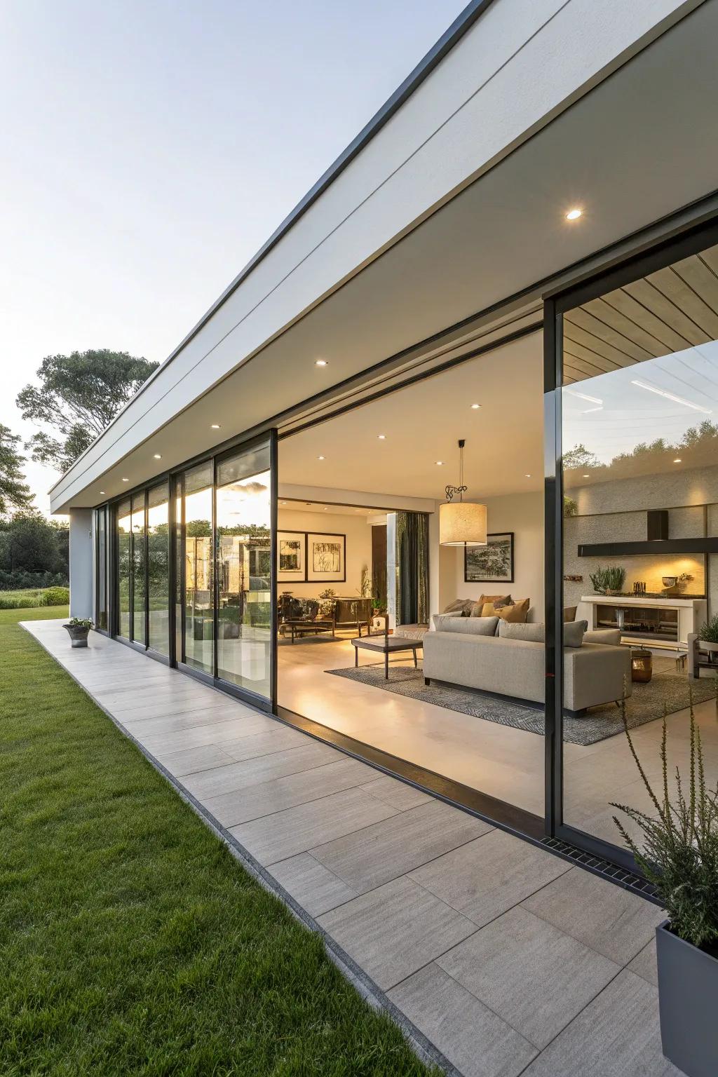 A contemporary residence highlighting large glass doors that brighten the interior ambiance.