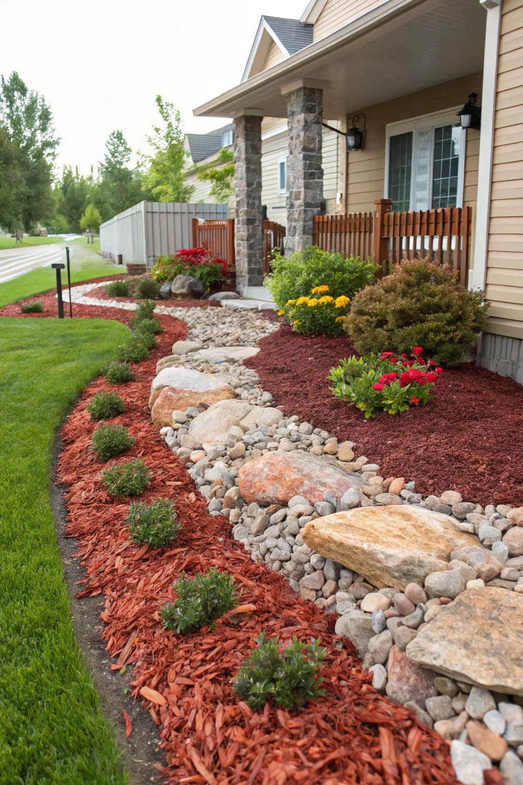 Vibrant mulch and rocks maintain a stylish and tidy yard.