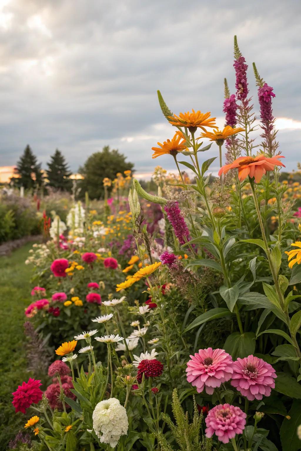 A vibrant flower bed exhibiting the colours of seasonal blooms.