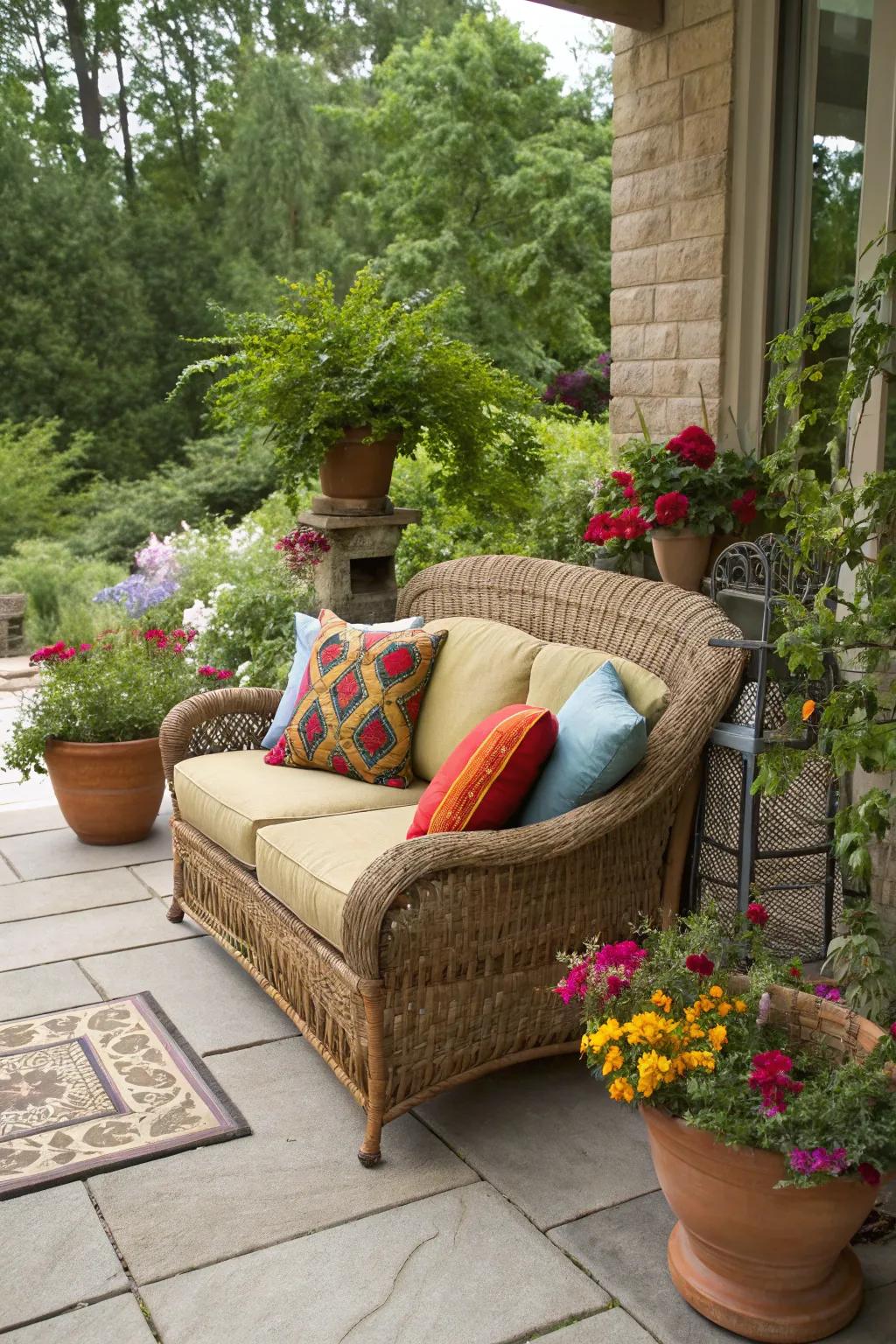 Woven settees blend strength with comfort for an attractive porch arrangement.
