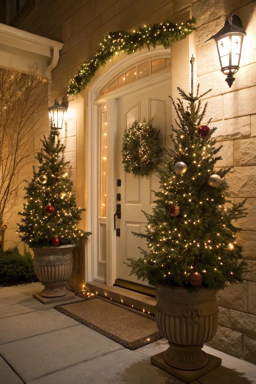Petite holiday firs in vessels fashion a merry entrance.