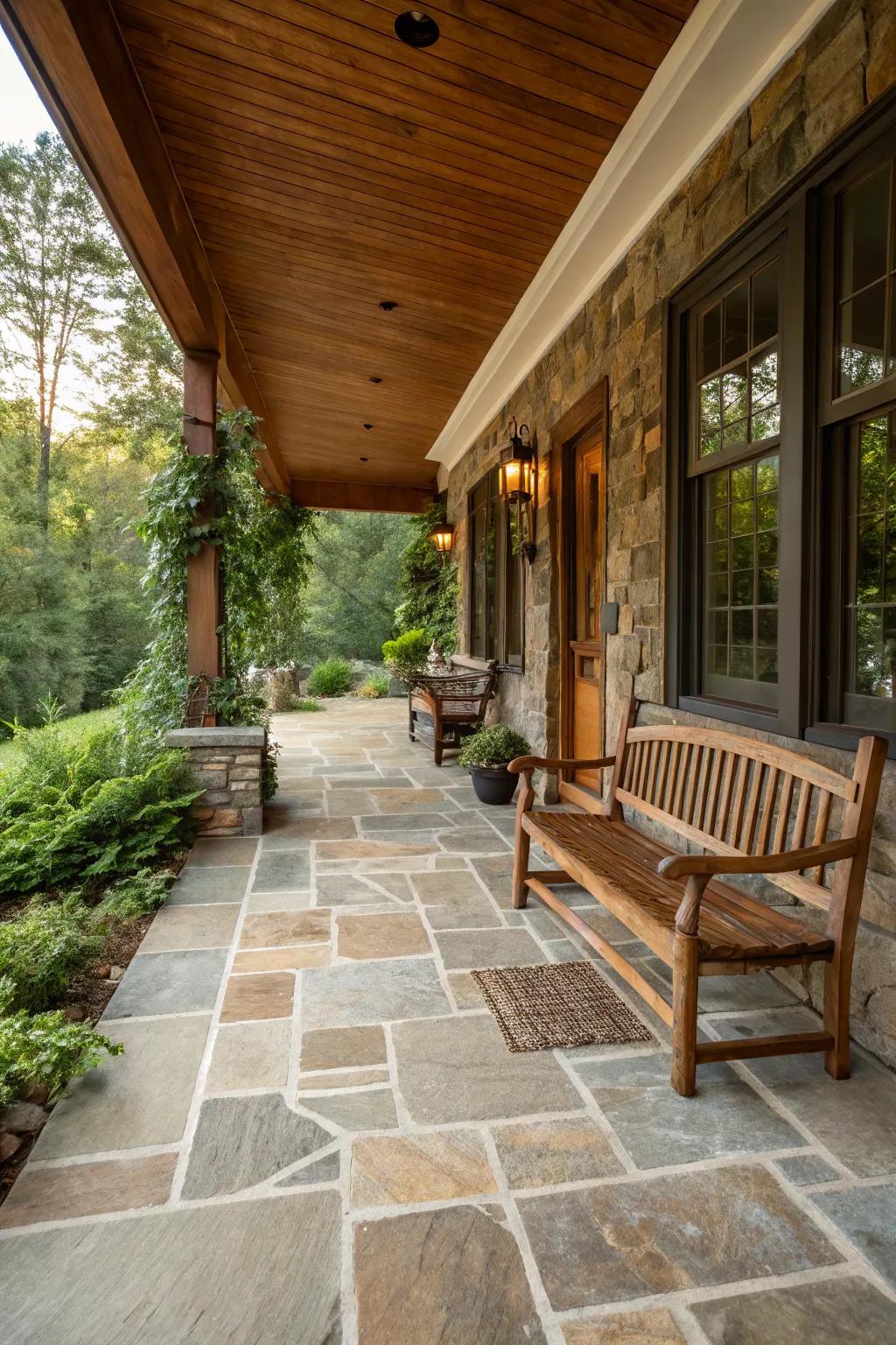 Natural stone tiles present a timeless and rustic charm for your porch.