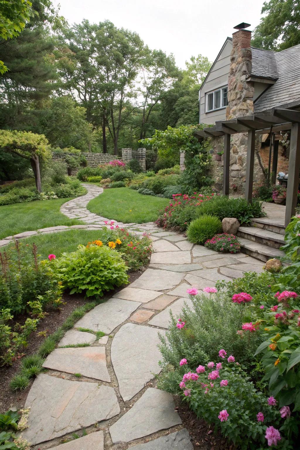 Alluring stone routes guide guests through a vibrant courtyard.