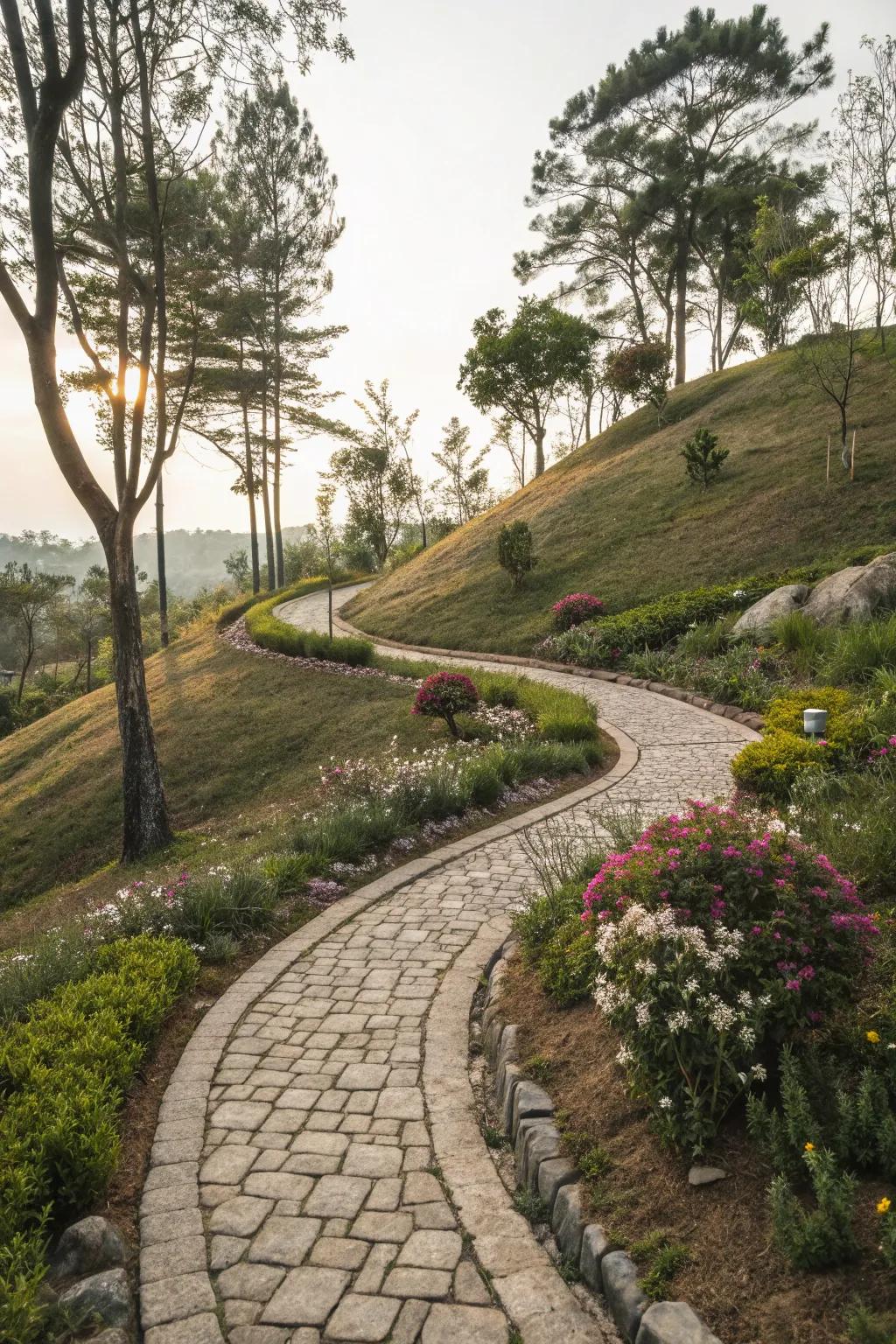 Stone pathways naturally guide movement across your front yard incline.