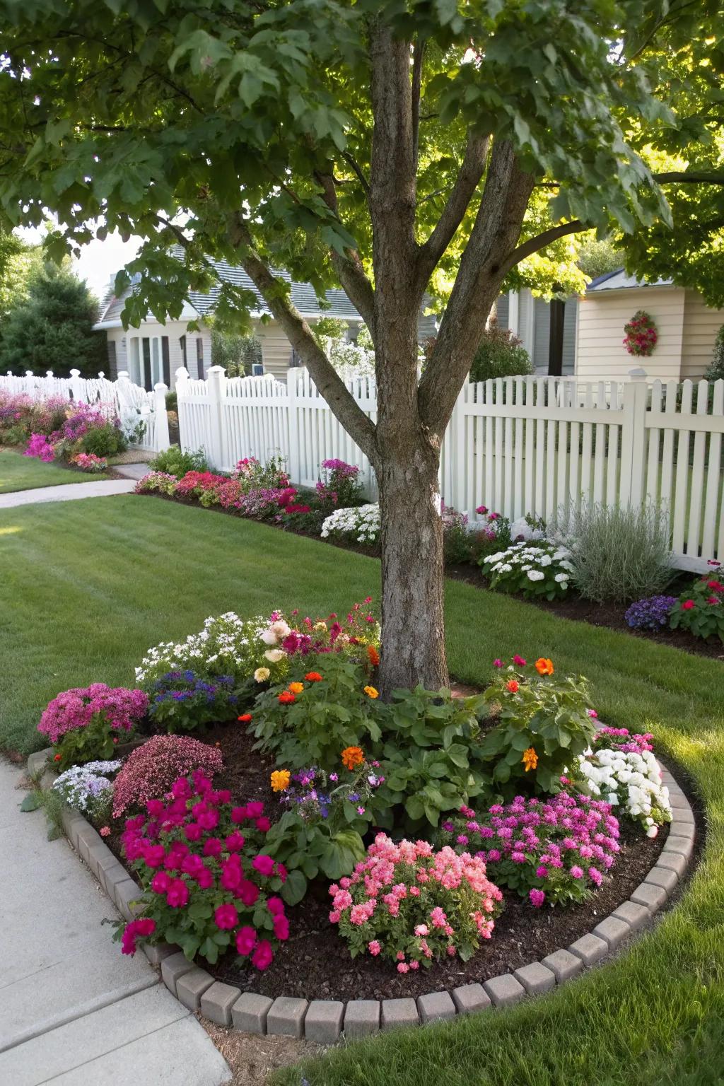 Floral displays inject color and vitality into the area at the base of a tree.