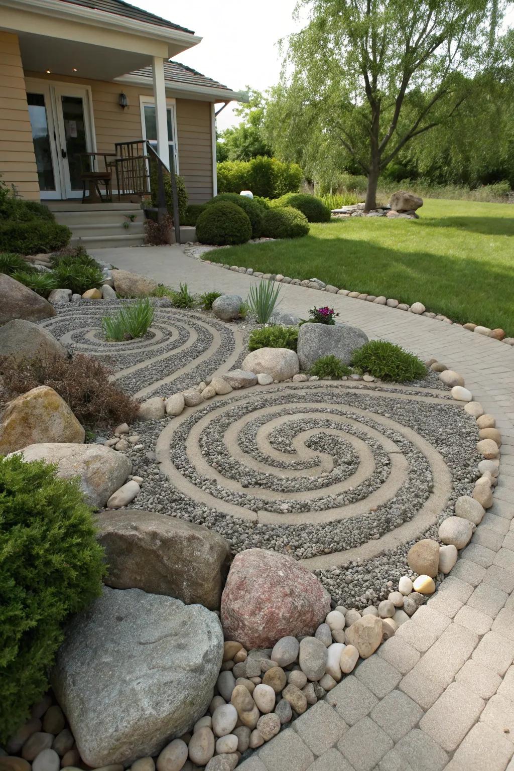A front yard rock garden showcasing a spiral ornamental stone layout.