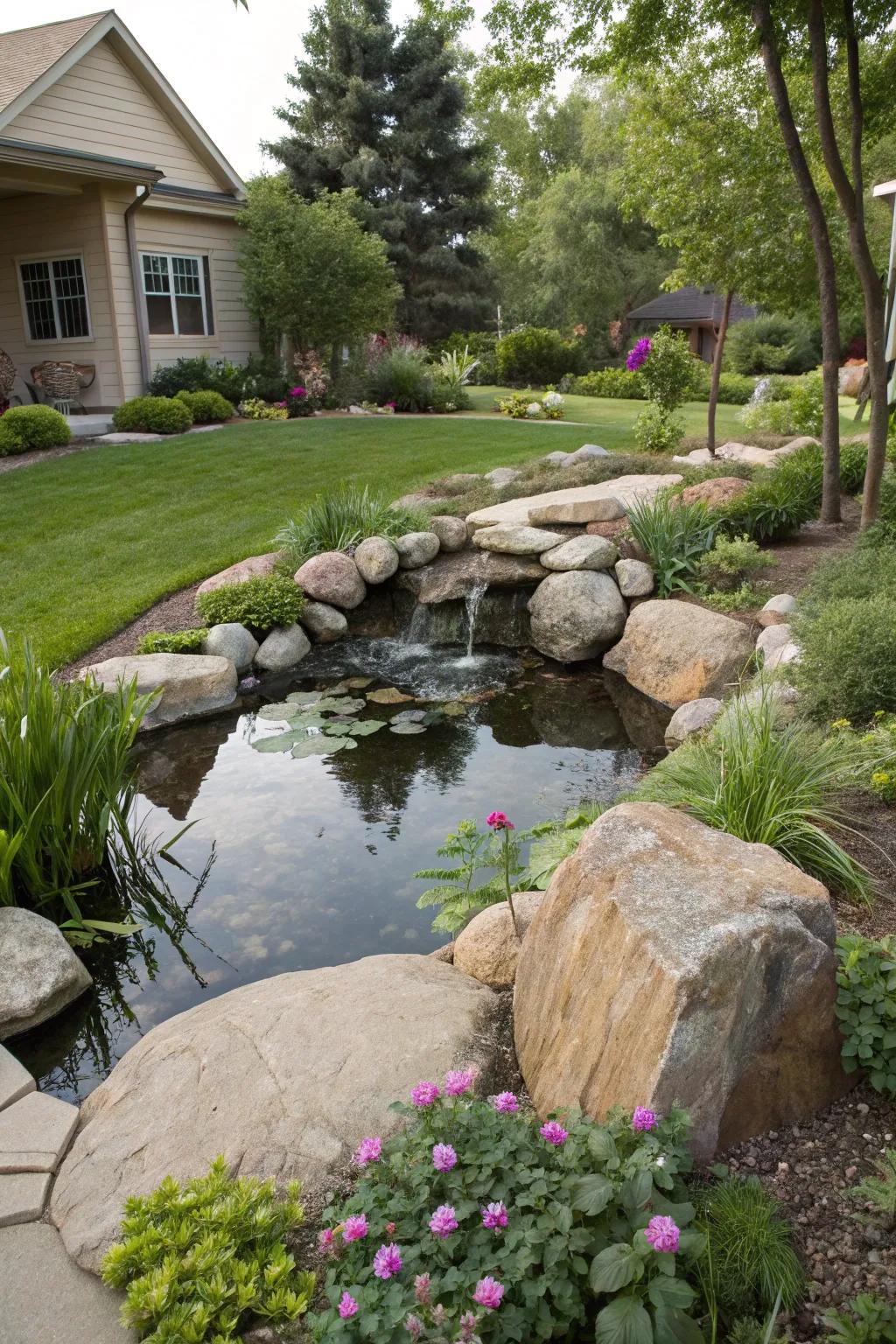 Enhance your terrain with a serene water feature, utilizing massive stones.