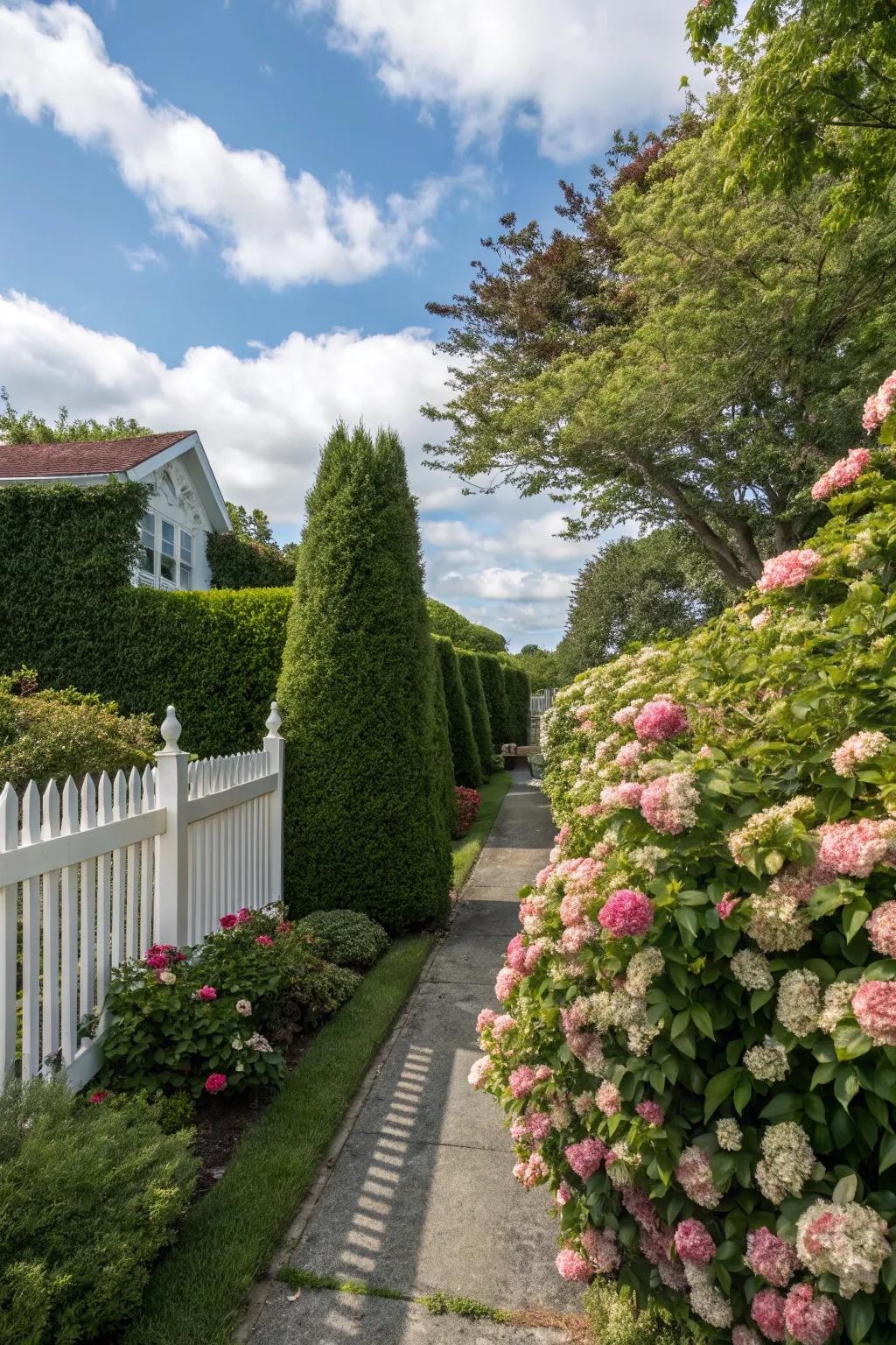 Bushes and greenery form natural privacy barriers that integrate seamlessly with the environment.