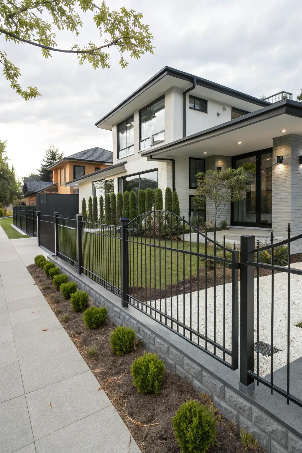 A minimalist decorative metal fence with clean lines framing a contemporary residence.