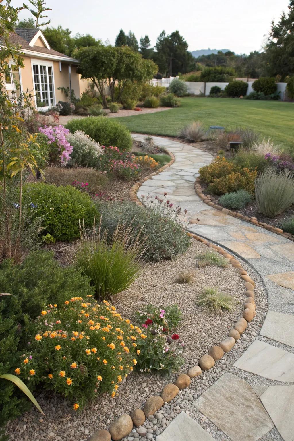 Pebble and rock walkways impart organization and refinement to a xeriscape garden.