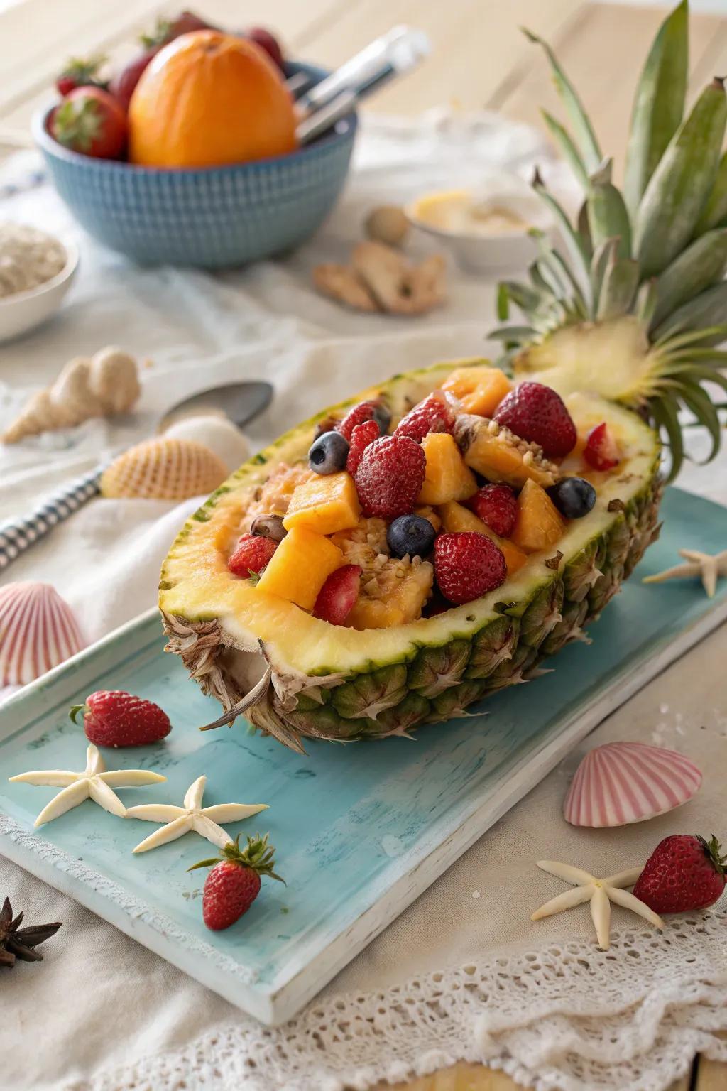 A pineapple dish makes an eye-catching, tropical fruit salad display.