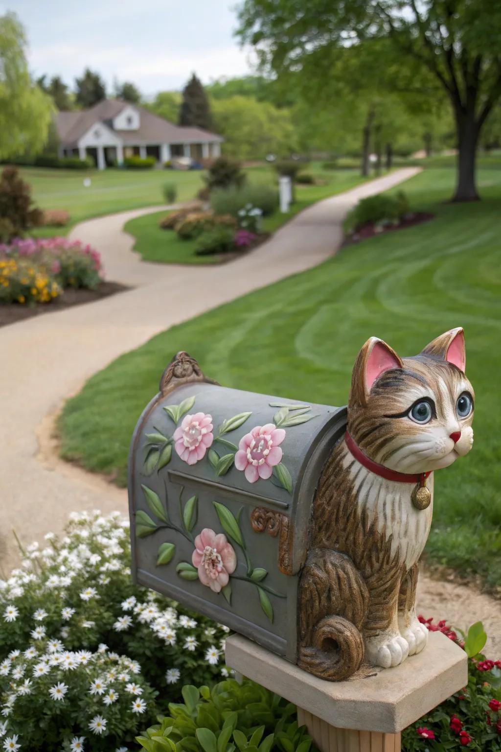 An adorable feline-shaped mailbox adding a touch of playfulness to the garden.