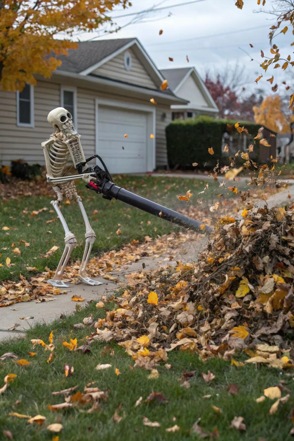 A skeleton managing yard tasks with a foliage blower.