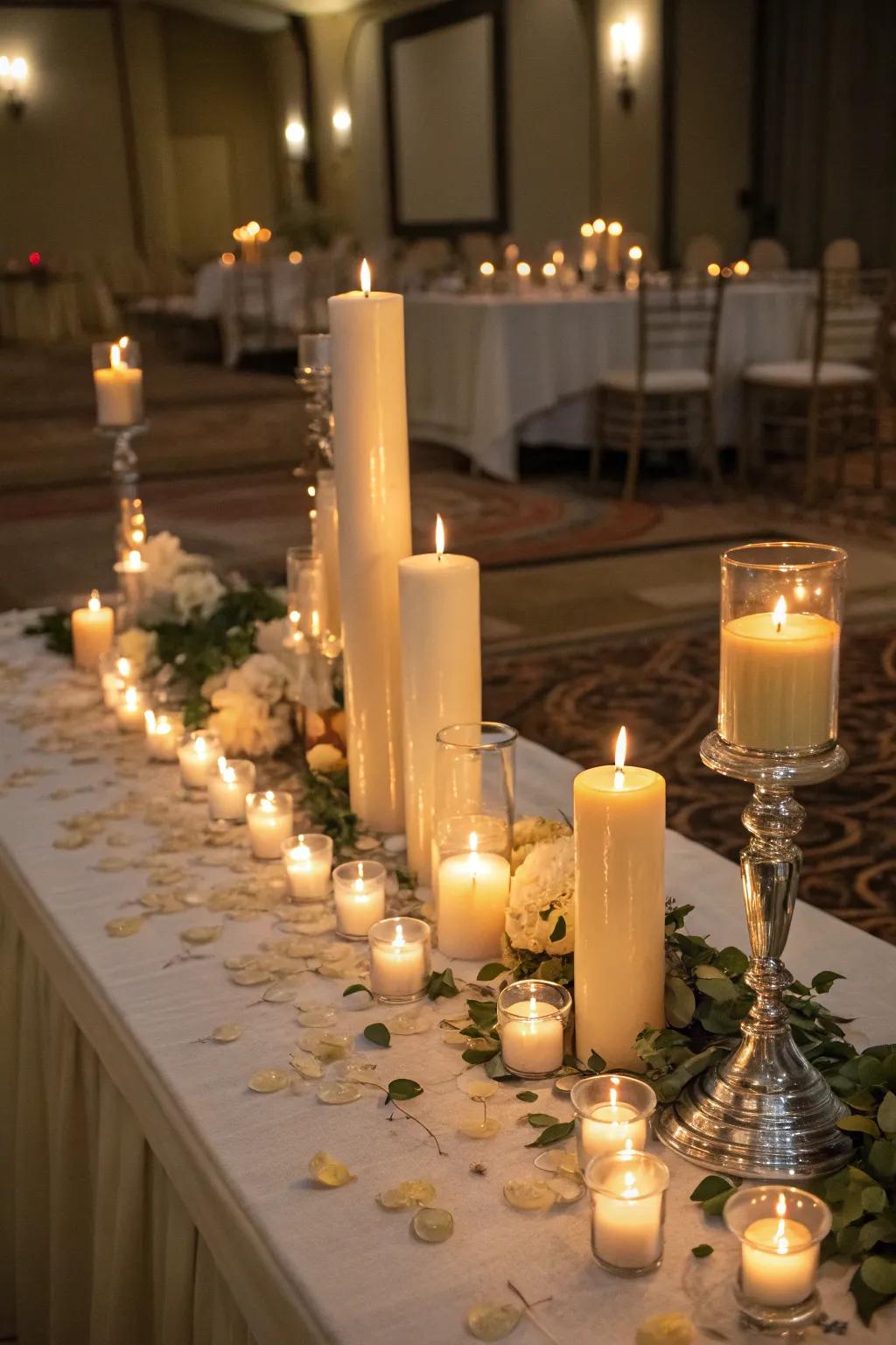 Candlelit romance highlighting a variety of candles on a gala table.