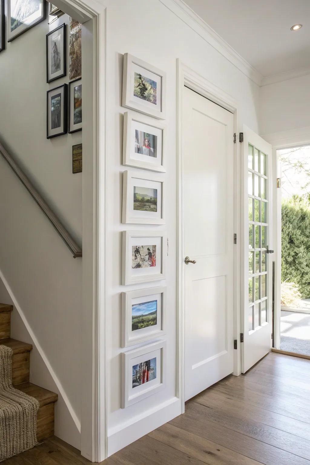 A vertical gallery wall configuration ideally suited for compact spaces.