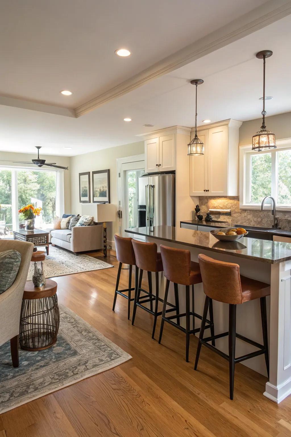 Multi-functional furniture blurs the boundaries between the kitchen and living spaces.