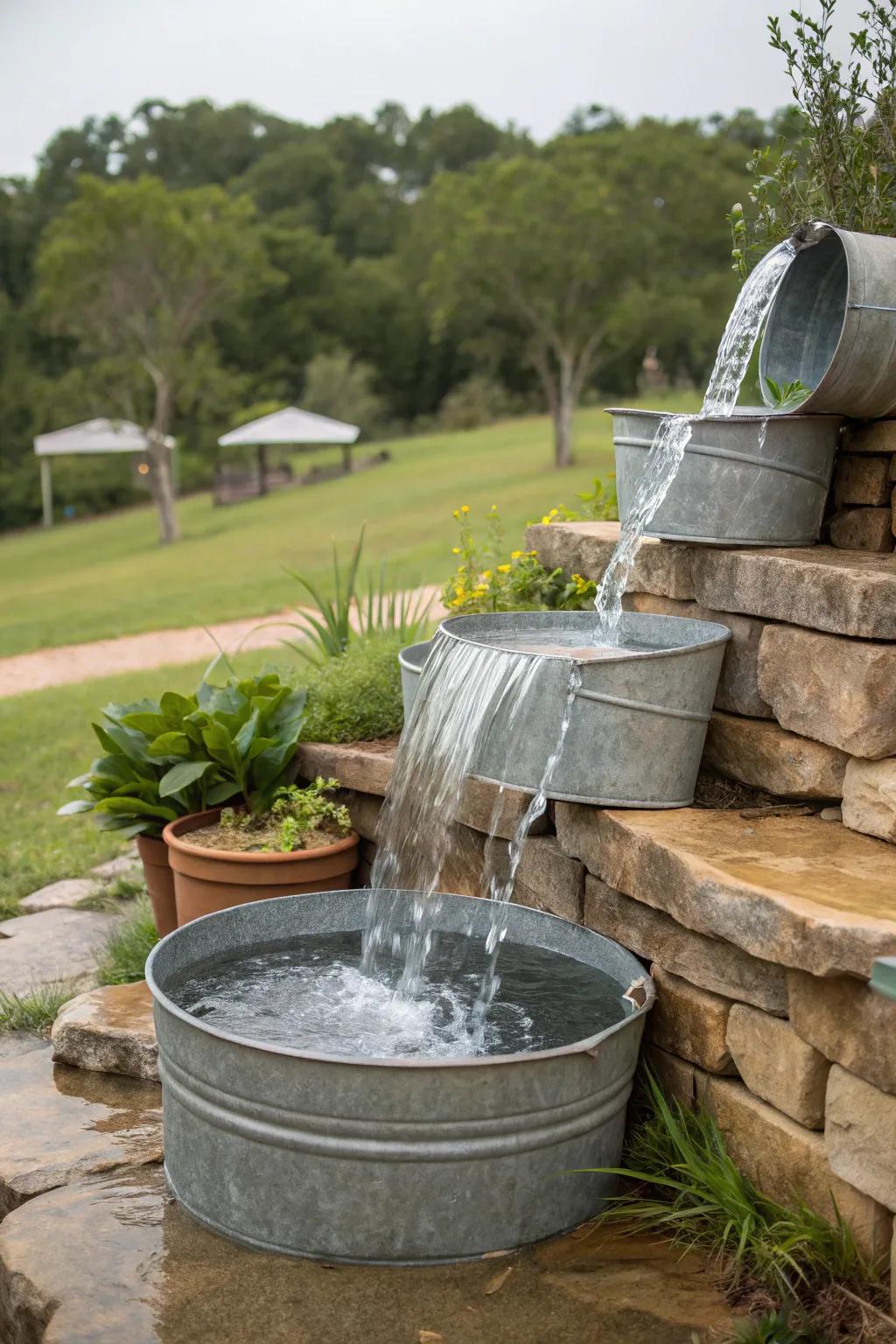 Water cascading through layered containers forming a serene waterfall.