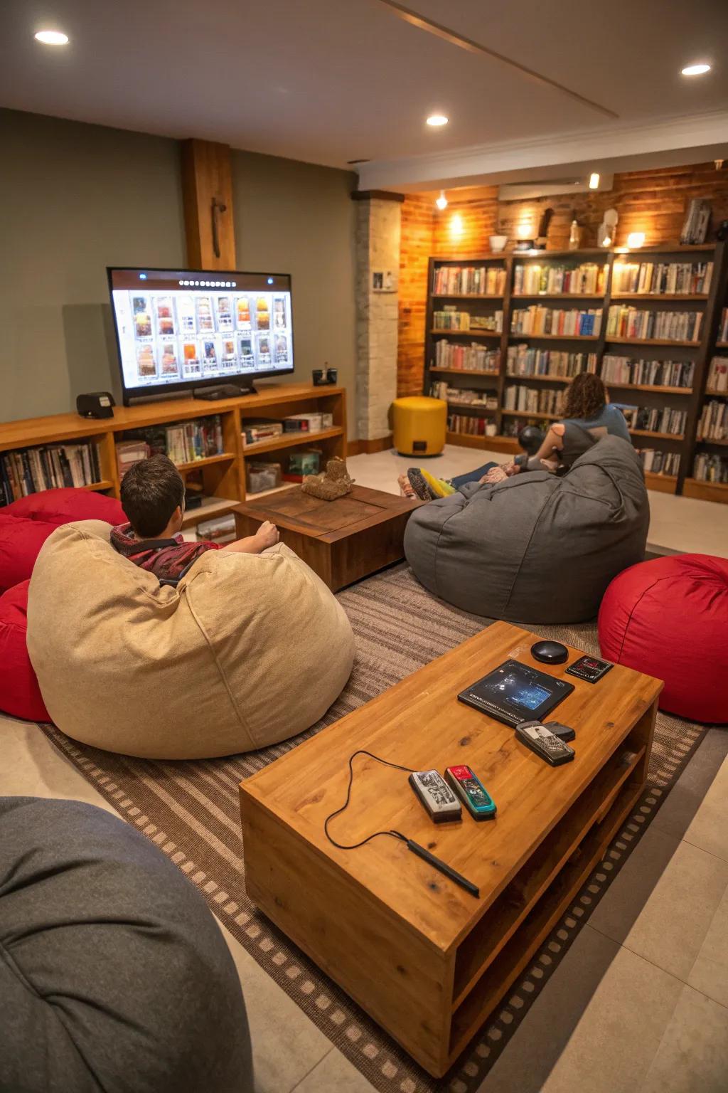 Cushion loungers presenting an easygoing and snug seating plan for informal gaming.
