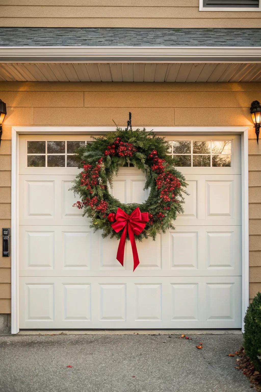 A classic Christmas wreath displayed on a garage door.