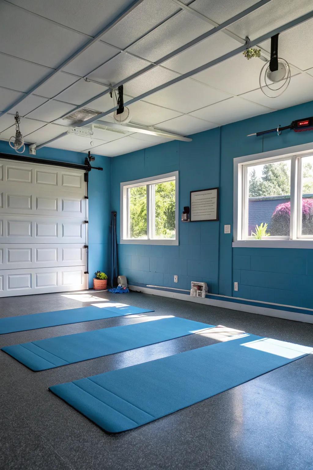 Azure partitions establish a tranquil area for yoga and relaxation.