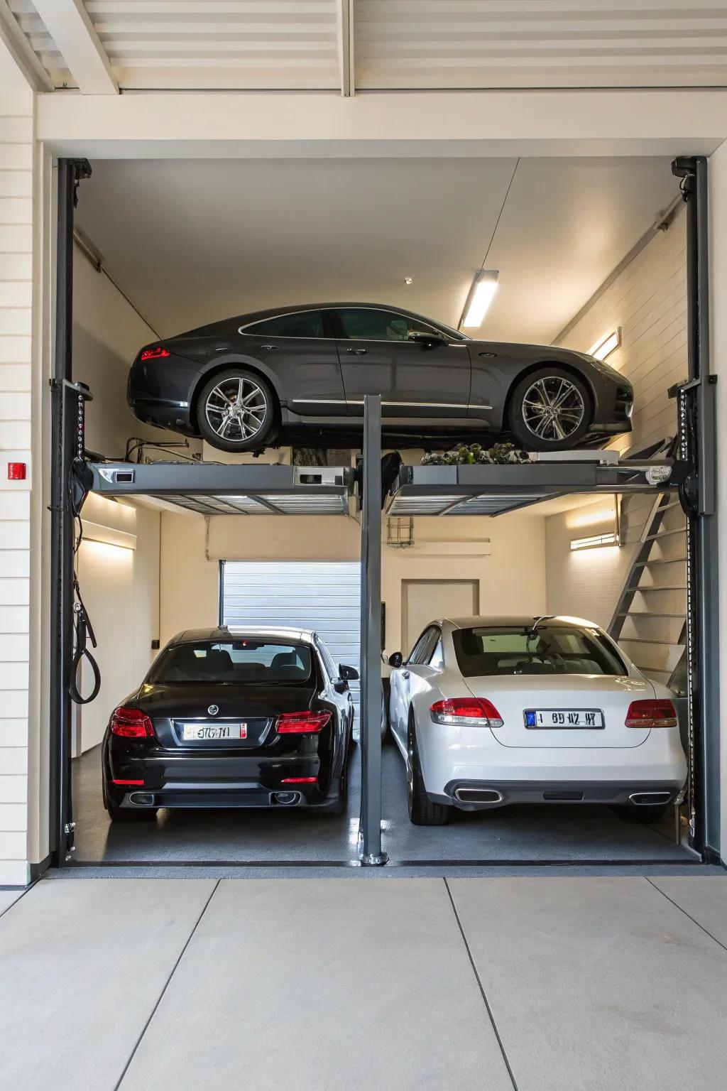 Garage space is maximized by using a four-post lift to stack cars vertically.