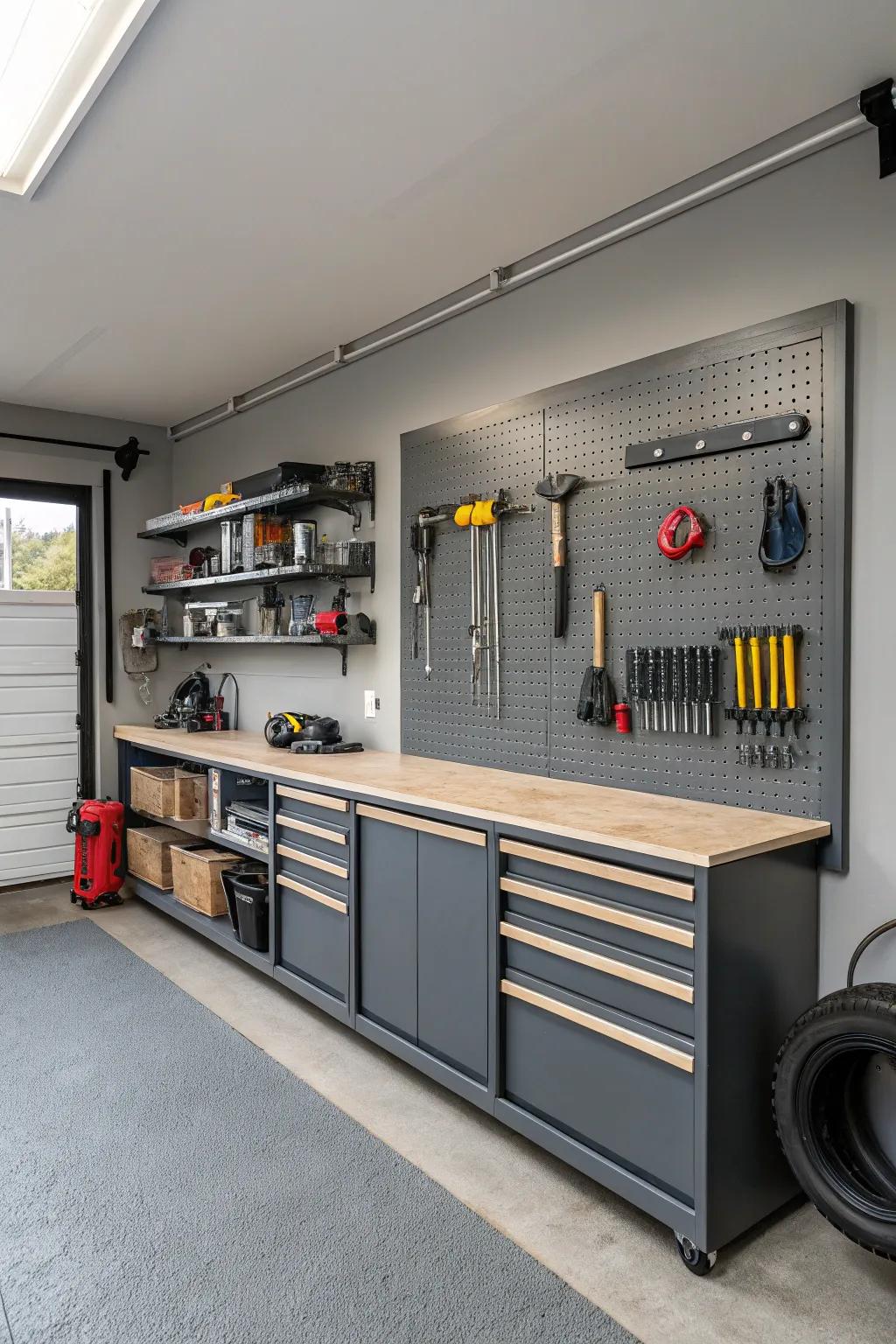 Gray offers an ideal compromise between aesthetic appeal and functional practicality for enhancing your garage.