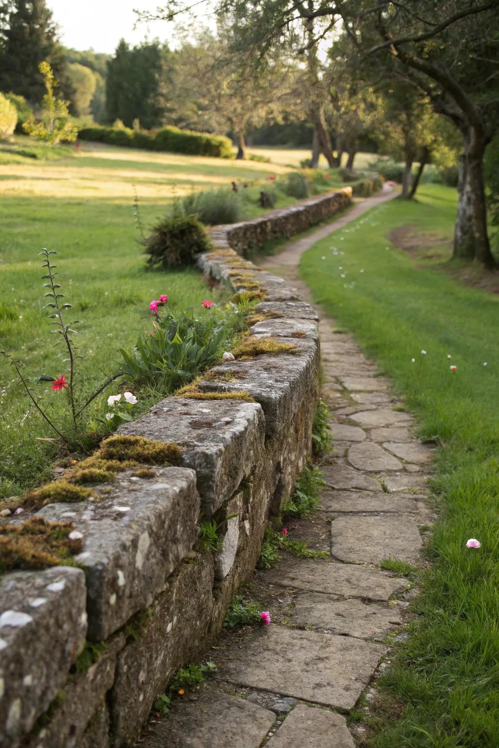 Natural stone edging for a woodsy and timeless garden style.