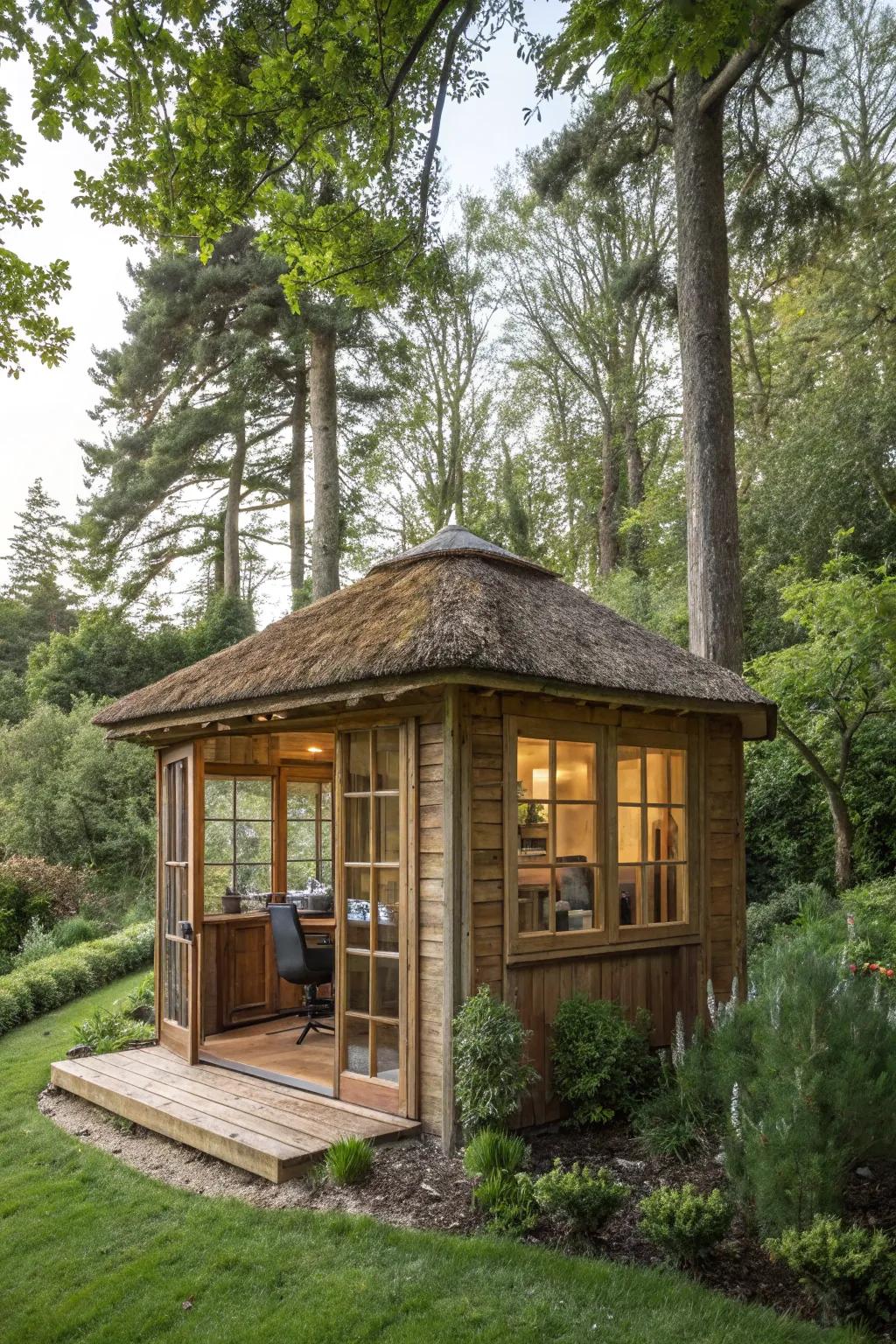 A welcoming timber hideaway nestled in the garden, blending flawlessly with the natural backdrop.