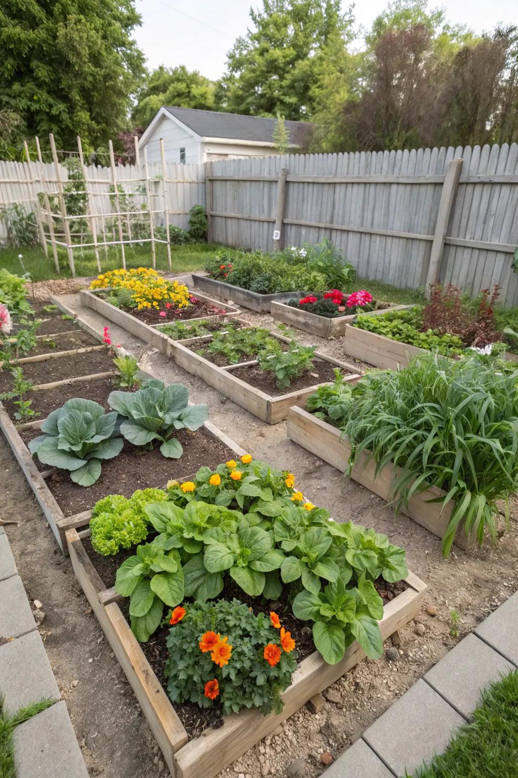 A measured planting garden thriving with different types of vegetables.