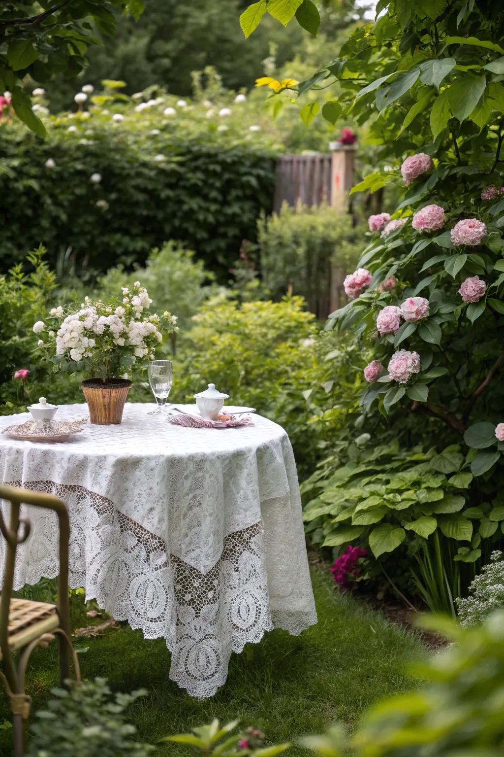 Net tablecloths cultivate an atmosphere of romance and refinement.