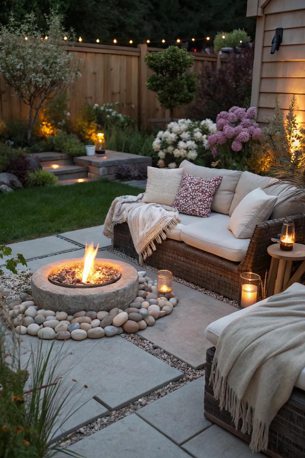 An inviting fire pit corner perfect for evening gatherings.