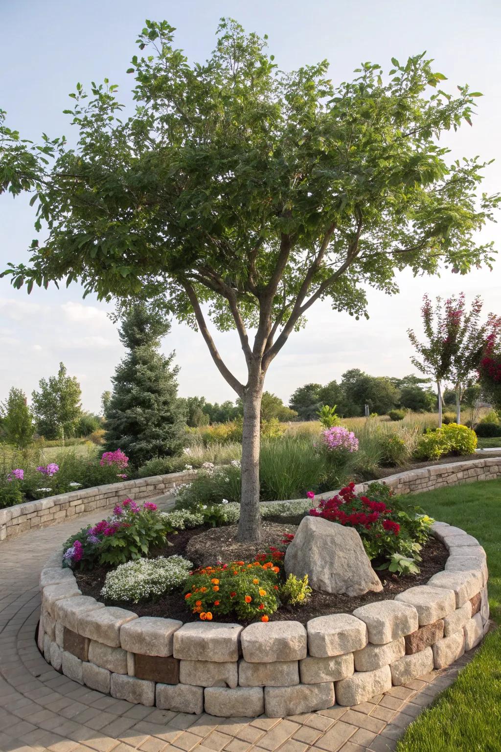 A tree beautifully framed by an ornamental stone border.