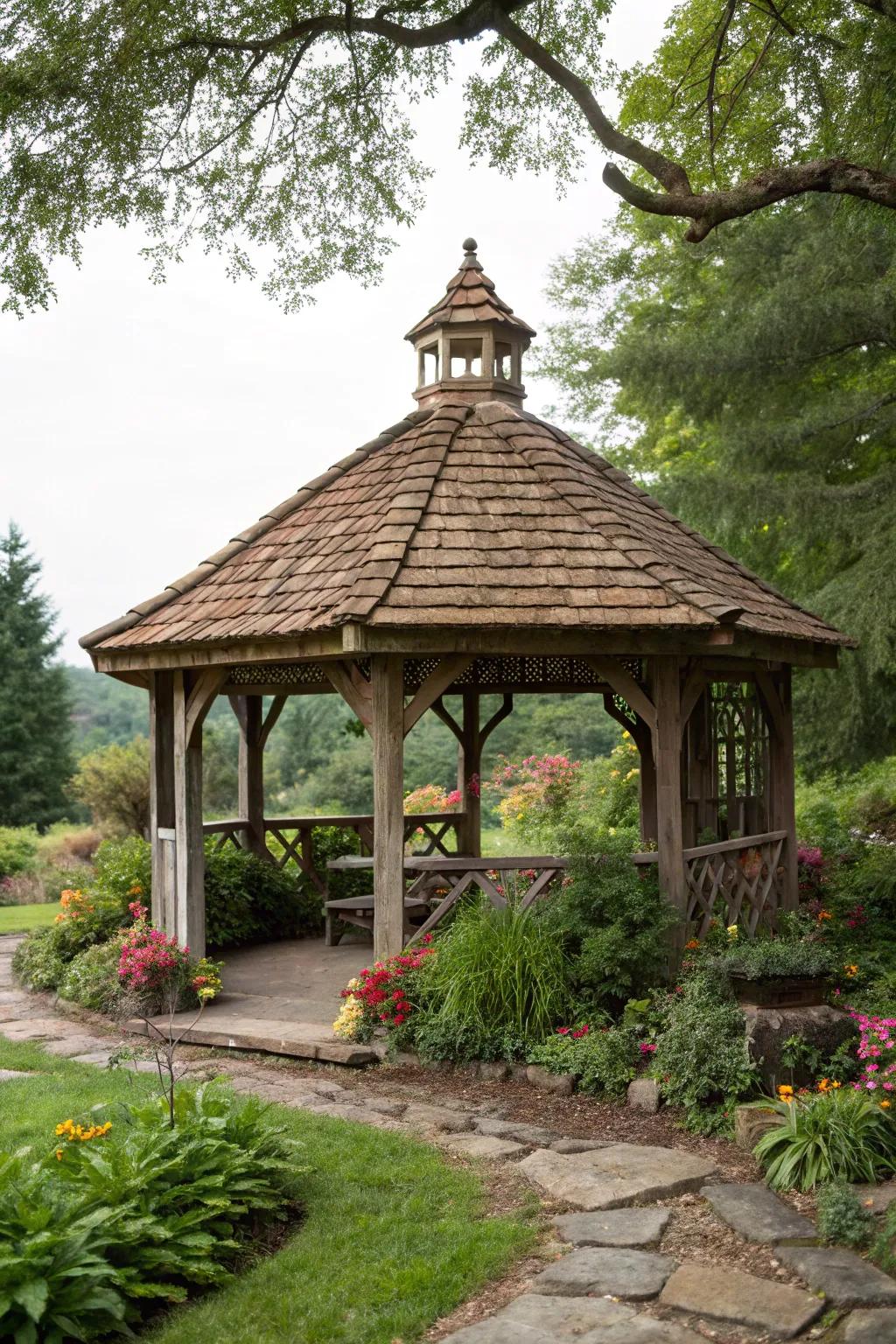 A delightful gazebo with a timber tile roof, nestled amongst nature.