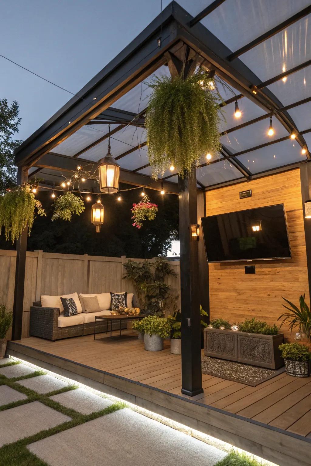 Ceiling fixtures smoothly add your TV to the gazebo's look.