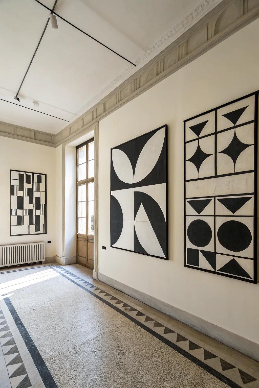 Sophistication and elegance are added by black and white geometric art.
