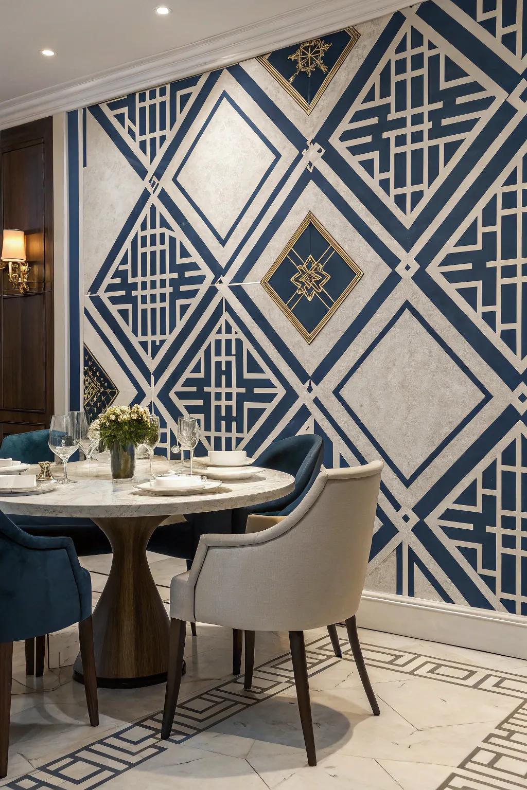 A dining area showcasing eye-catching diamond geometric patterns that craft a standout feature.
