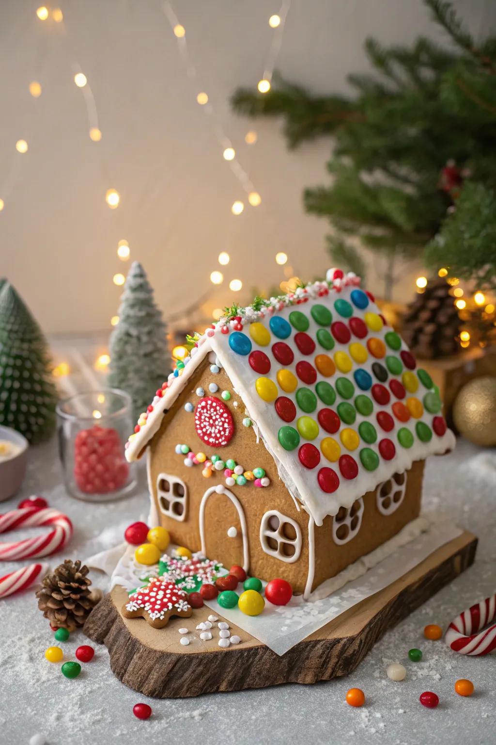 A spirited gingerbread rooftop blanketed in gelatinous drops.